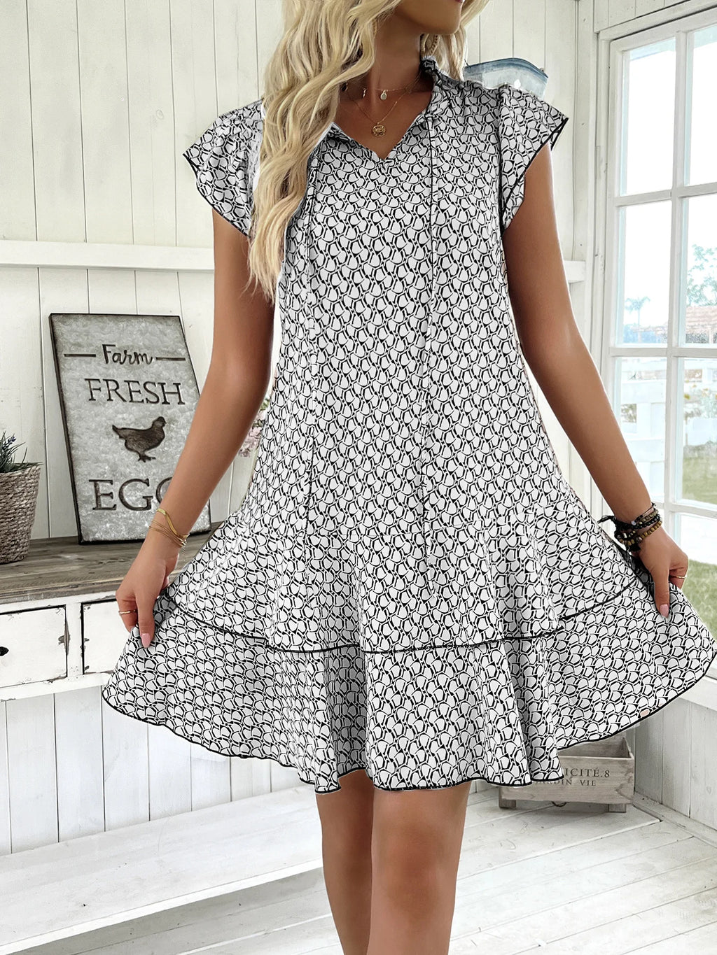 2025 Elegant Women's Casual Loose Ruffle Mini Dress Bohemian Printed V-neck Lace-up Small Flying Sleeve Dresses For Women S-3XL