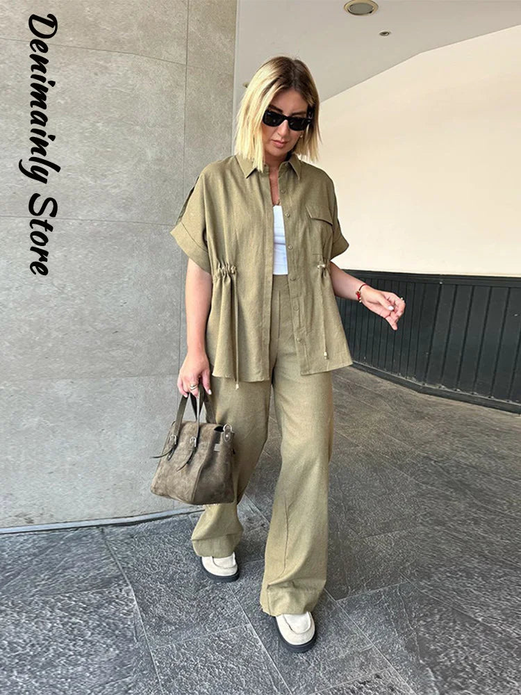 Casual Drawstring Shirt Pants Set Women Lapel Button Short Sleeve Pocket Loose Top Wide Leg Pants 2025 Chic Summer Women's Suit