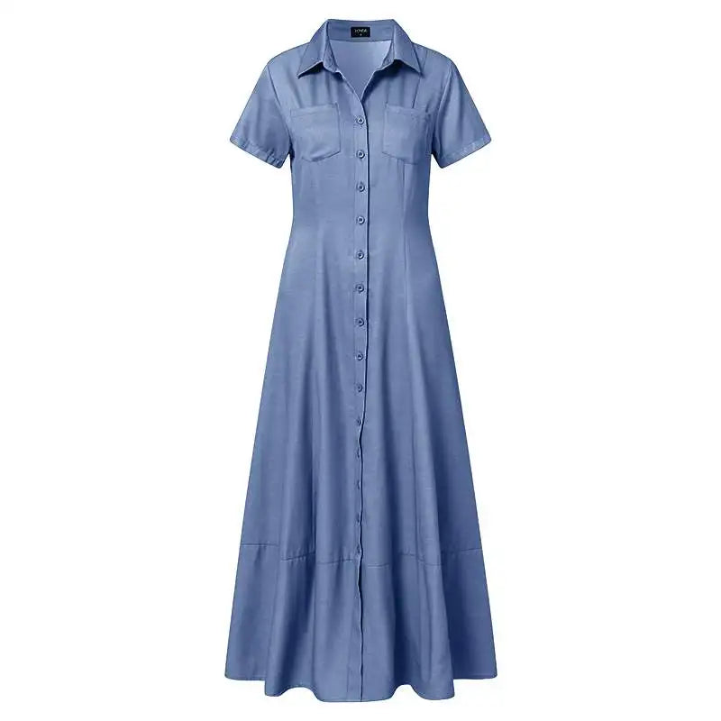Women Denim Dress Elegant Denim Dress with Ruffle Hem Patch Pockets Women's A-line High Waist Long Dress for Casual or Formal