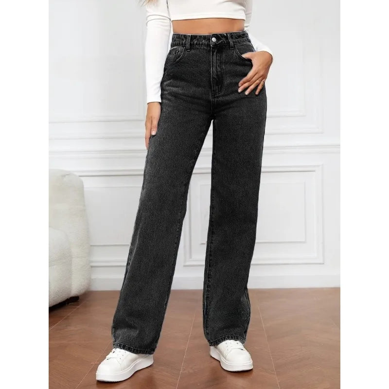 Women High Waist Black Washed Wide Leg Jeans Straight Denim Pants Casual Baggy Jeans Fashion Streetwear Trousers