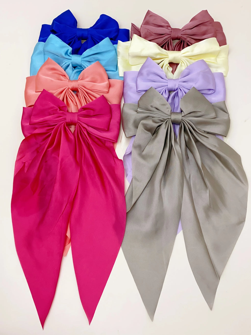 8 Ladies Satin Large White pink Red Blue Black Ribbon bow Oversized bow Long tail hair clip spring clip ponytail Hair accessorie