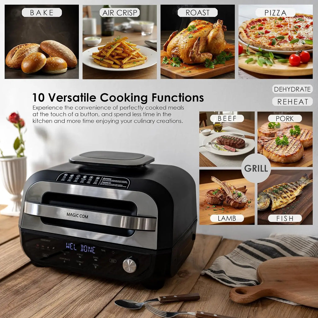 Indoor Grill Air Fryer Combo, 7-in-1 Electric Grill with Steak, Roast, Air Crisp, Bake, Dehydrate, Pizza and Reheat. Smart Therm