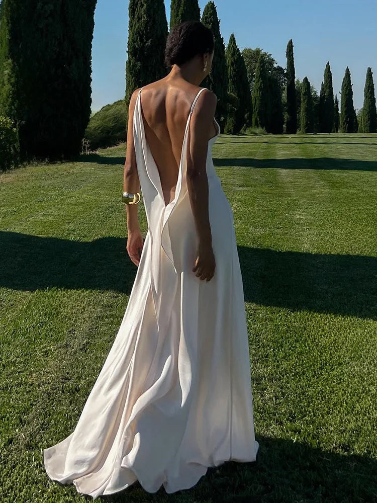 Backless Satin Long Sling Dress Women V Neck Sleeveless Slit Solid Sexy Party Dresses 2026 Summer Lady Vacation Evening Robes