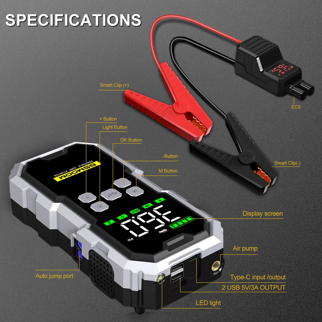 Car Jump Starter With Air Compressor LCD Screen 21800mAh Portable Booster Charger ,6000A Powerful Car Battery Starting Device,Car Battery ChargerFor12V(ALL Gas/10L Diesel) Start The Car Quickly, USB Input/output, LED Emergenc
