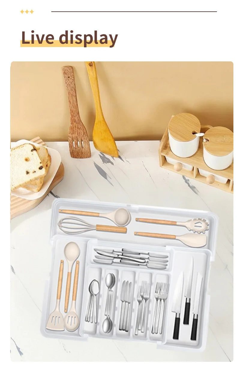 Adjustable Expandable Cutlery Drawer Organizer, Kitchen Utensil Storage Tray
