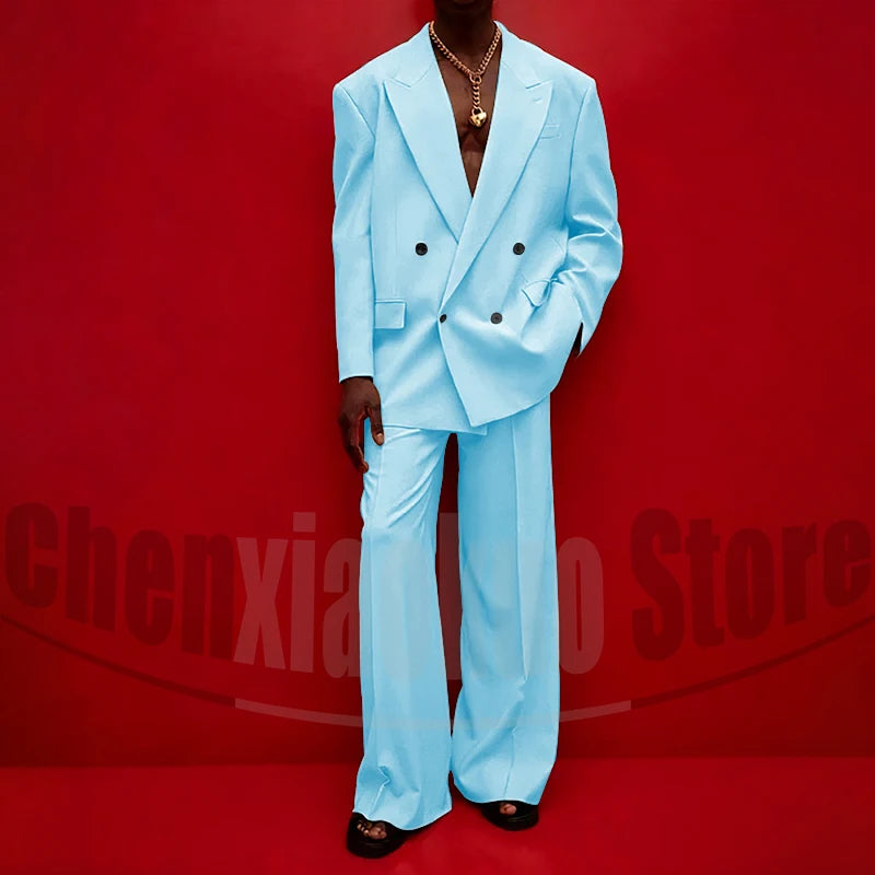 Men's Double Breasted Suit Set Oversized Blazer and Wide-Leg Trousers Fashion Casual Formal Outfits for Streetwear Party