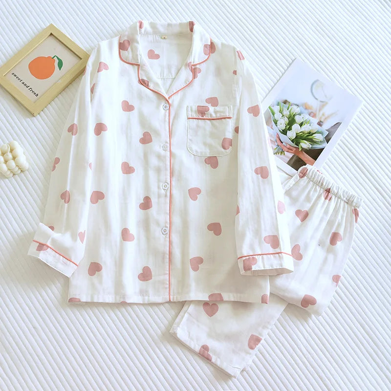 2026 Spring/Summer New Women's Pajama Set 100% Pure Cotton Double Layer Gauze Long Sleeve Two Piece Cartoon Cute Sweet Home Fury