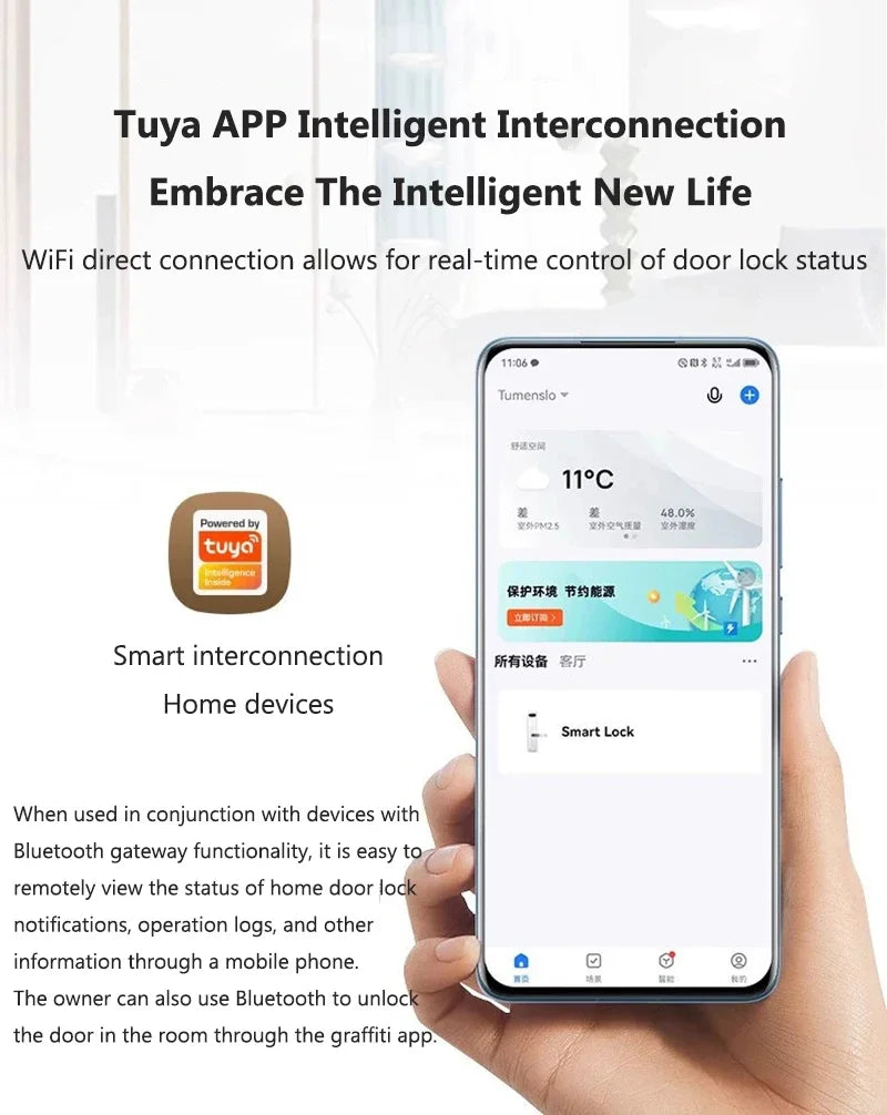 Tuya Smart Fingerprint Door Lock App Remote Control Keyless WIFI Digital Touchscreen Lock NFC with 2 IC Cards IP68 Waterproof
