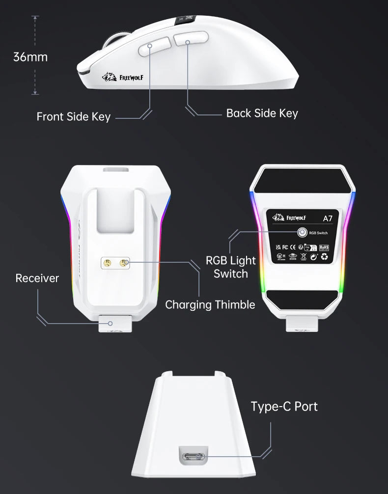 A7 Lightweight Wireless Gaming Mouse,24000DPI,Magnetic Charging Base,Tri-Mode Connection,PAW3311 Macro Esports Office Mouse
