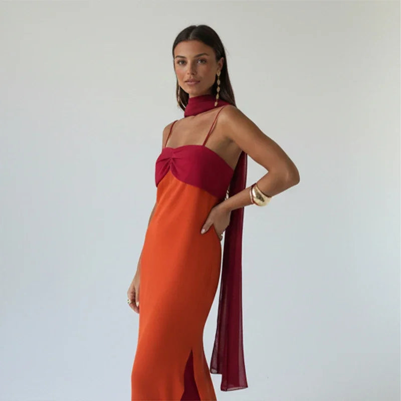 Color Blocking Scarf Collar Sling Dress Sexy Waist Cinching Chic Split Bodycon Maxi Dresses 2026 Lady Club Party Vestido