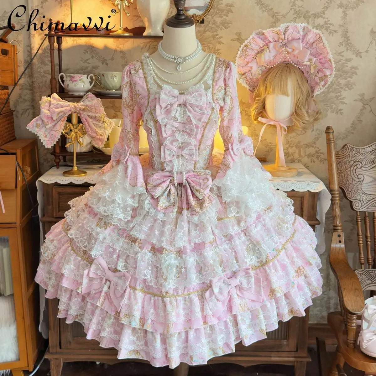 Original Design Lolita Sweet Long Sleeve OP Dress Women Autumn Super Fairy Cute Bow Birthday Party Girls Princess Dresses