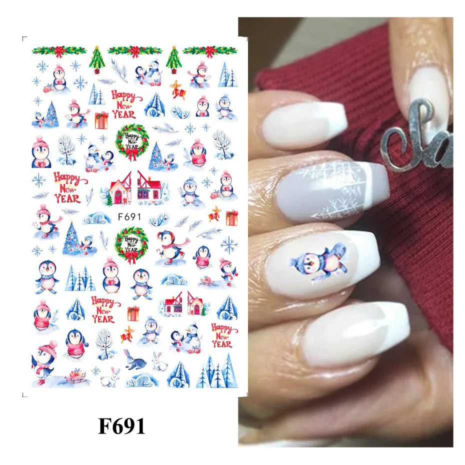 Autumn and Winter Blue Landscape Lines Flowers Birds Butterfly 3D Stickers Nail Art Decals Nail Parts Christmas Nail Stickers