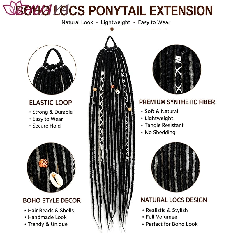 24 Inch Dreadlocks Ponytail Hair Extensions Synthetic Fibers Boho Braided Hairpieces With Beads Festival Cosplay Easy Wear