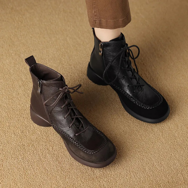New Autumn Winter Genuine Leather Women Boots Fashion Lace Ankle Boot for Women Short Boots Shoes Chunky Heel Botines Mujer