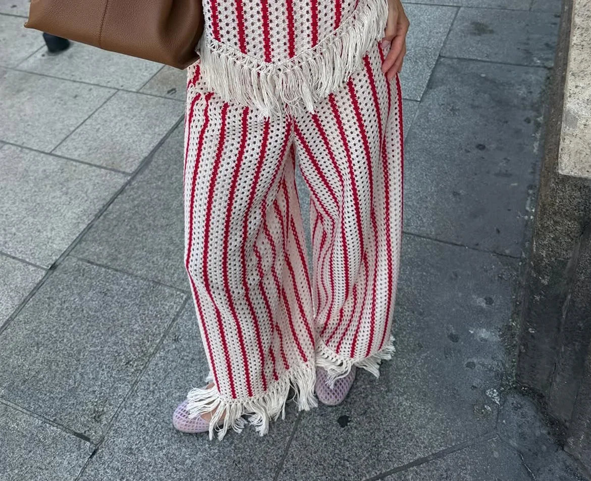Halter Vertical Striped Fringe Two Piece Set Sleeveless Tank Top Loose Wide Leg Pants Women 2026 Summer Holiday Beach Chic Suit