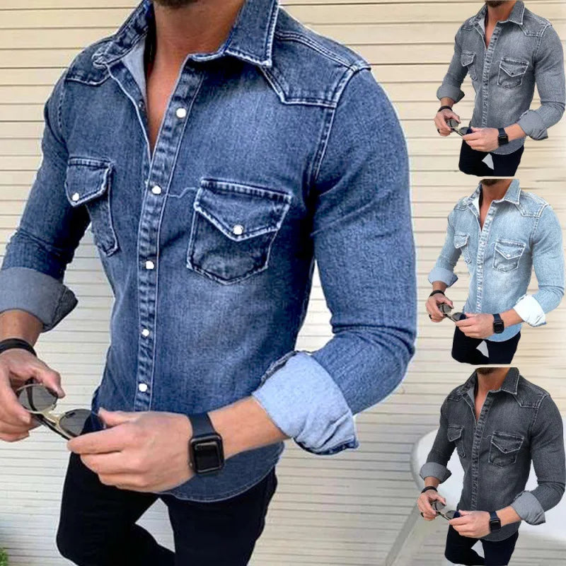 Denim Shirt Men Long Sleeve Washed Spring Summer Jean Tops