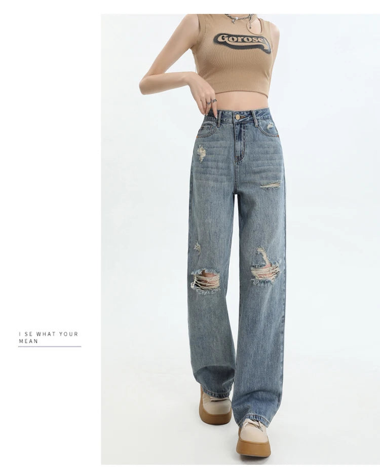 New Ripped Casual Loose Women Jeans High Waist Blue Korean Straight Pants Female Chicly Fashion Street Slim Woman Jeans