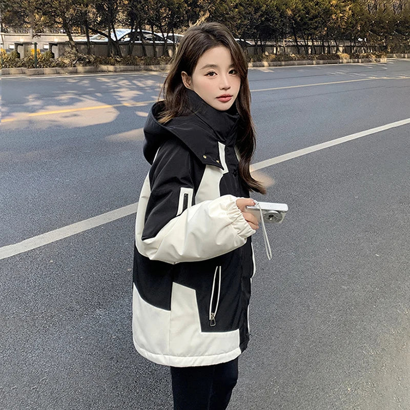 Black and White Patchwork Women Autumn Hiking Jacket Winter Winderproof Warm Hooded Coat Korean Zip Up Streetwear Couple Jackets