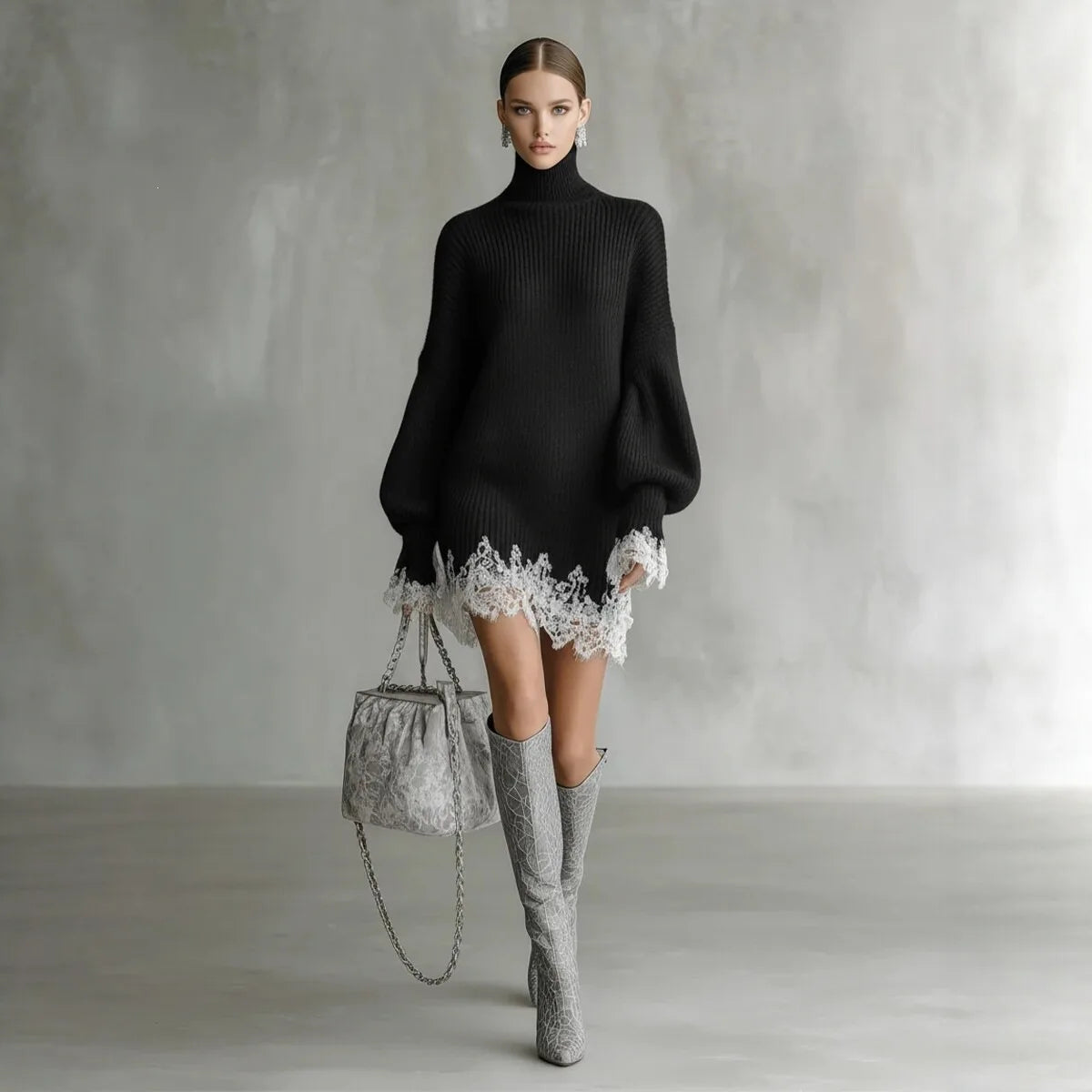 Elegant Lace Splice Loose Party Dress Fashion Turtleneck Hight Waist Knit Dress Fall Winter Casual Long Sleeve Solid Mini Dress