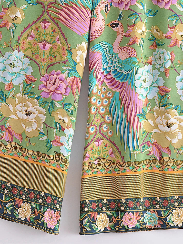 Boho Queens Women Peacock Floral Print Bohemian Wide Leg Pants Lady Elastic Waist Loose Rayon Boho Long Pant  Oversize Trousers