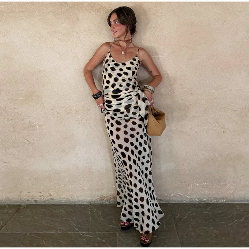 Vintage Print Maxi Dress Square Neck Spaghetti Strap Sleeveless Off Shoulder Detachable Wrap Tie Sash Dresses 2026 Chic Outfits