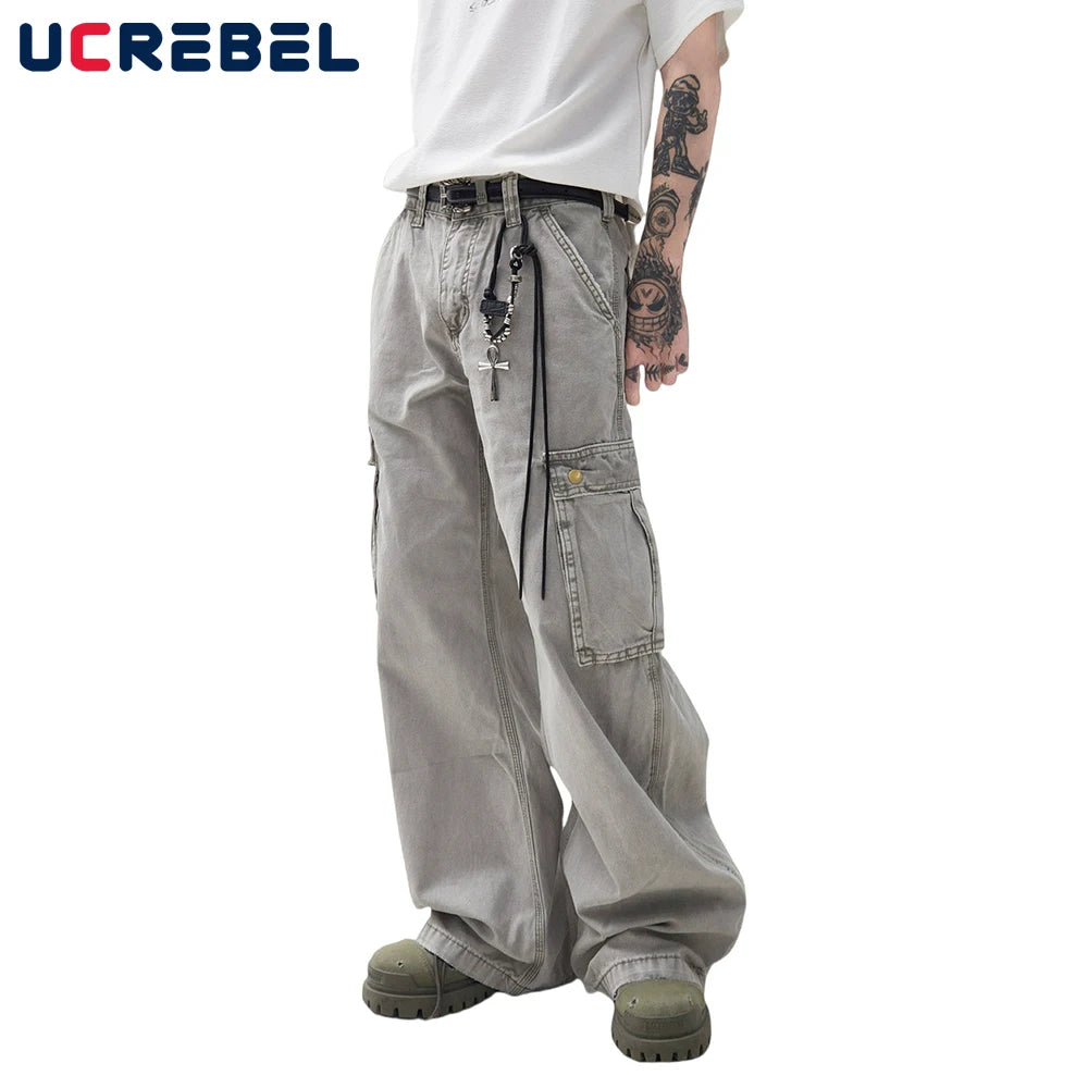 Multi-Pocket Cargo Jeans Mens Retro High Street Washed Distressed Straight Wide Leg Trousers Men