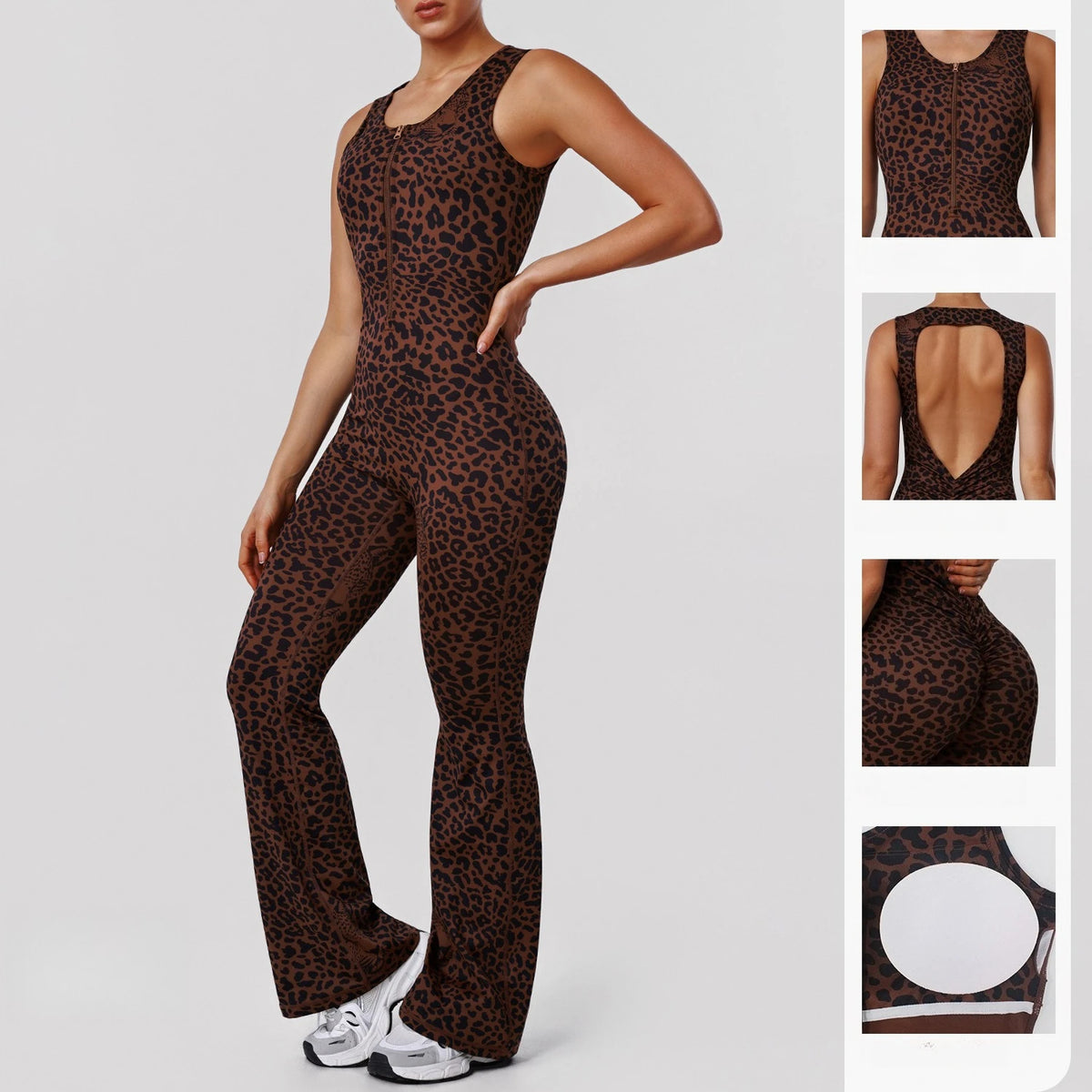 Sexy Hollow Backless Sport Flare Legging Jumpsuit Scrunch Butt Women Clothing Fashion Leopard Sleeveless Zipper Fitness Overalls