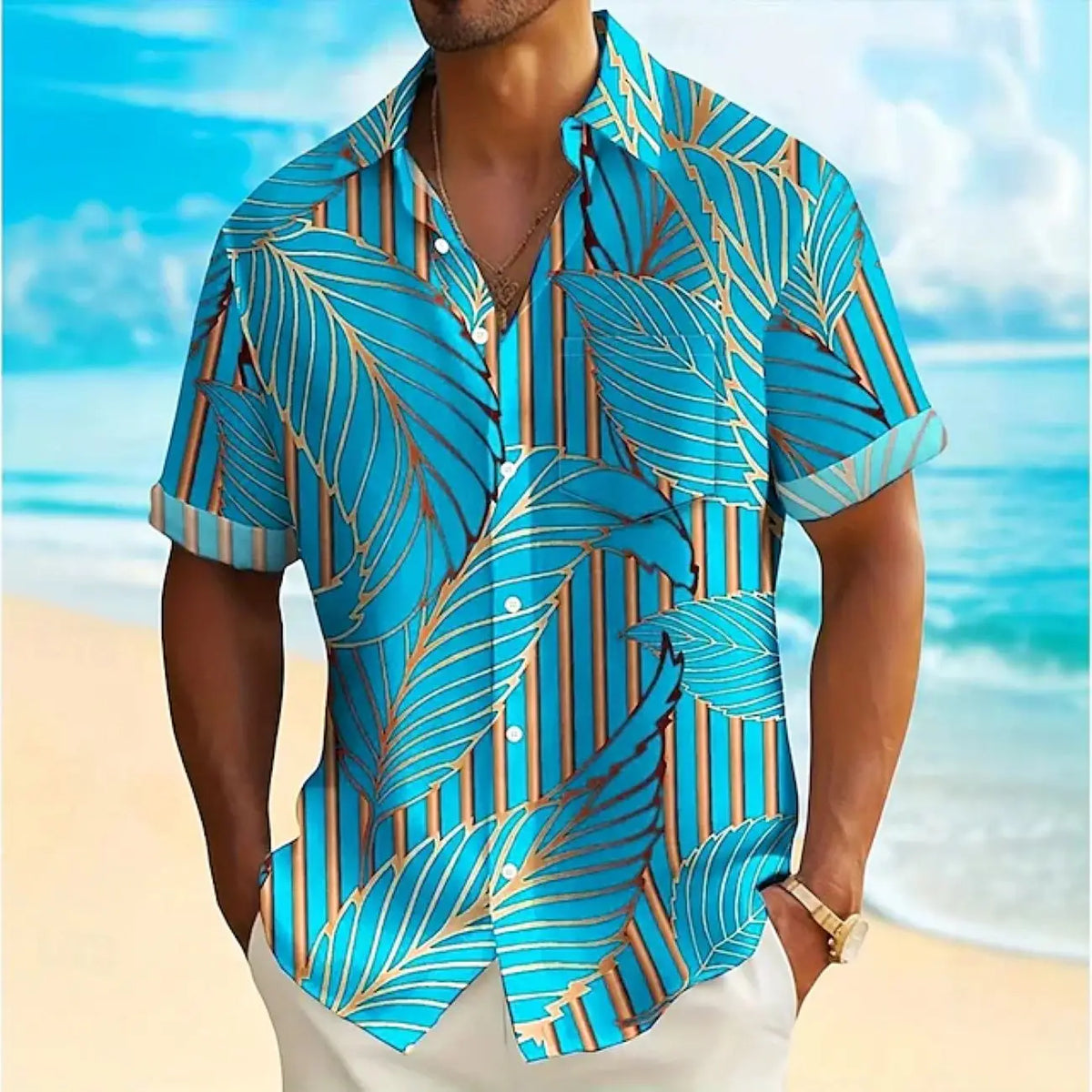 Men's Leaf Aloha Shirt Short Sleeve Hawaiian Vacation Summer Spring Turndown Button Up White Blue Green Disfraz De Hombre