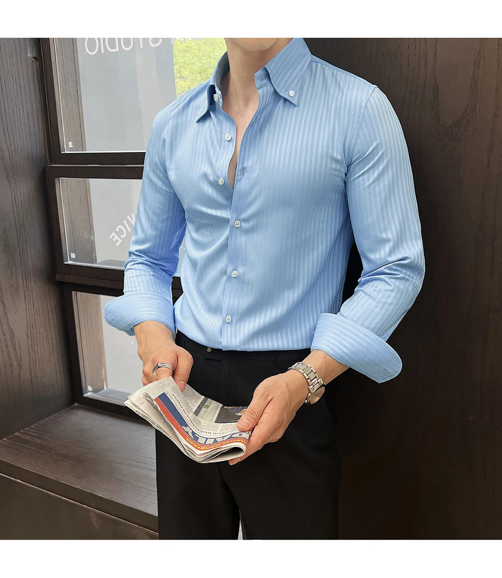 High-quality autumn men's new long-sleeve dark striped slim-fit shirt business casual formal workwear M-4XL