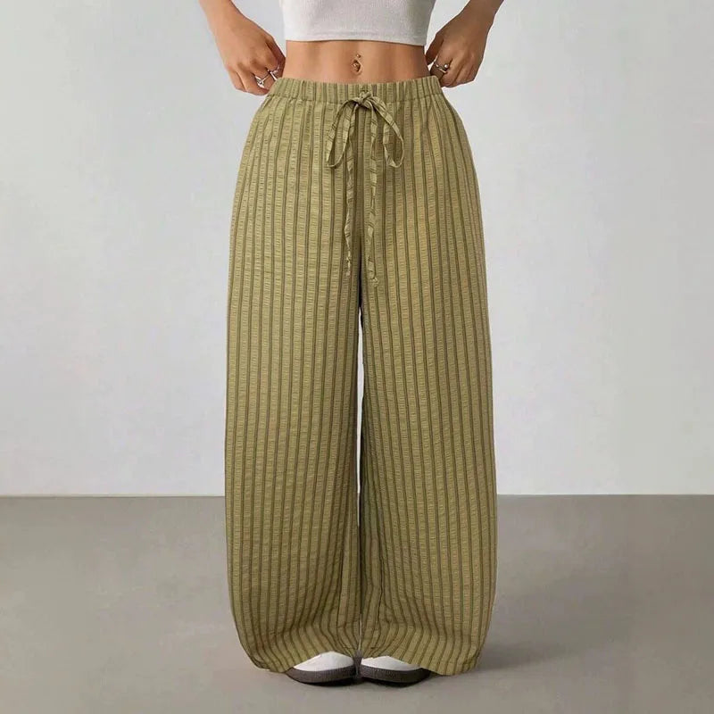 Women's Casual Striped Wide-Leg Pants   Summer Commute Fashion Drawstring Elastic Waist  Versatile Relaxed Straight Leg Trousers