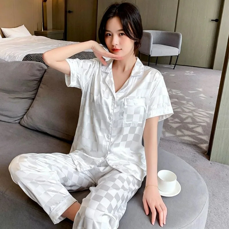 Summer Women Pajama Set Lapel Collar Checkered Jacquard Soft 2Pcs Short Sleeve Long Pants Home Sleepwear Loungewear For Ladies