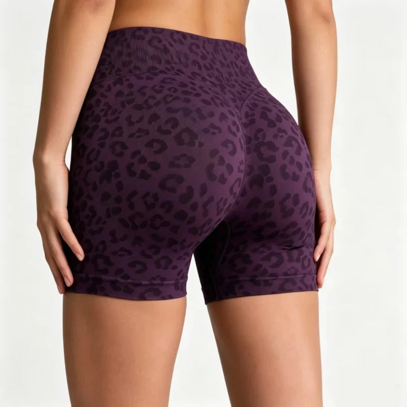 Sexy Leopard Print Seamless Yoga Shorts High Waist Peach Butt Lift Tummy Control 4-Way Stretch Breathable Workout Cycling Pants