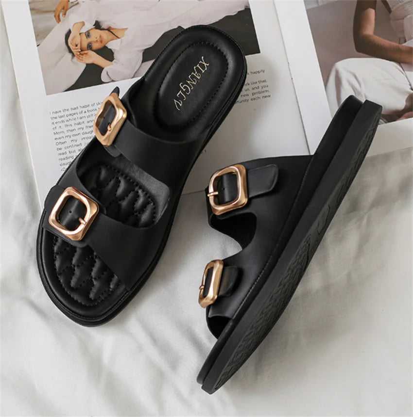 Casual Slippers Women PU Leather Open Toe Double Buckle Flat Summer Outdoors Non-Slip Soft Soles Slip On Beach Footwear Slippers