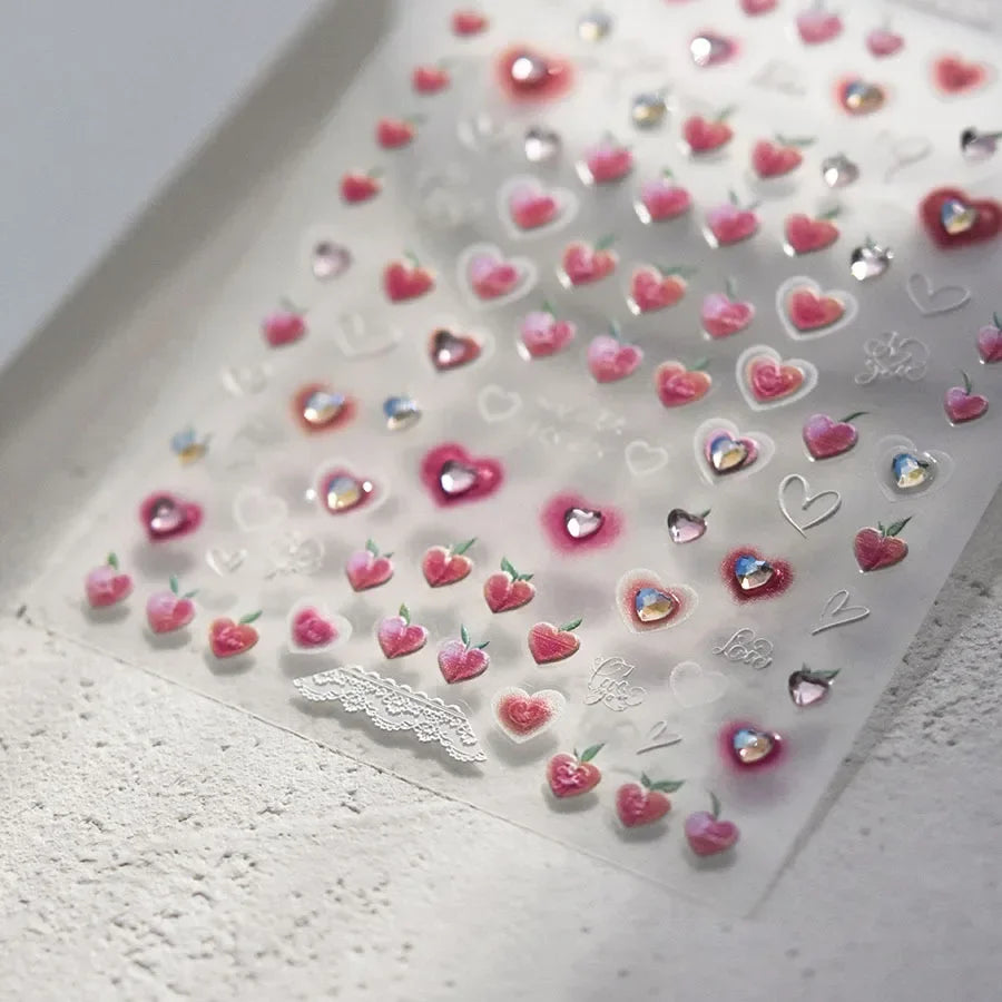 5D Gradient Love Gem Glitter Love Heart Colorful Cat's Eye Rhinestone Soft Self Adhesive Nail Art Stickers Shiny Manicure Decals