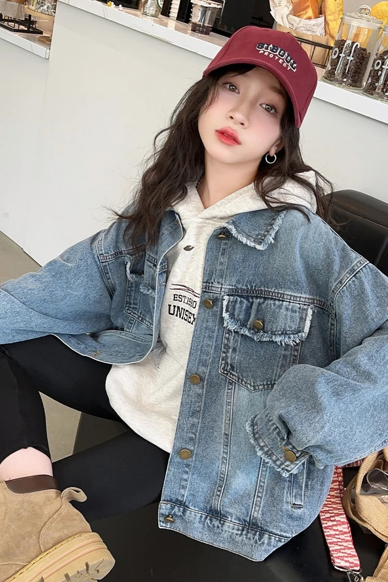 Girls Denim Jacket Spring Autumn 2026 New Style Casual Versatile Loose Button Down Jean Coat Fashion Children's Clothing