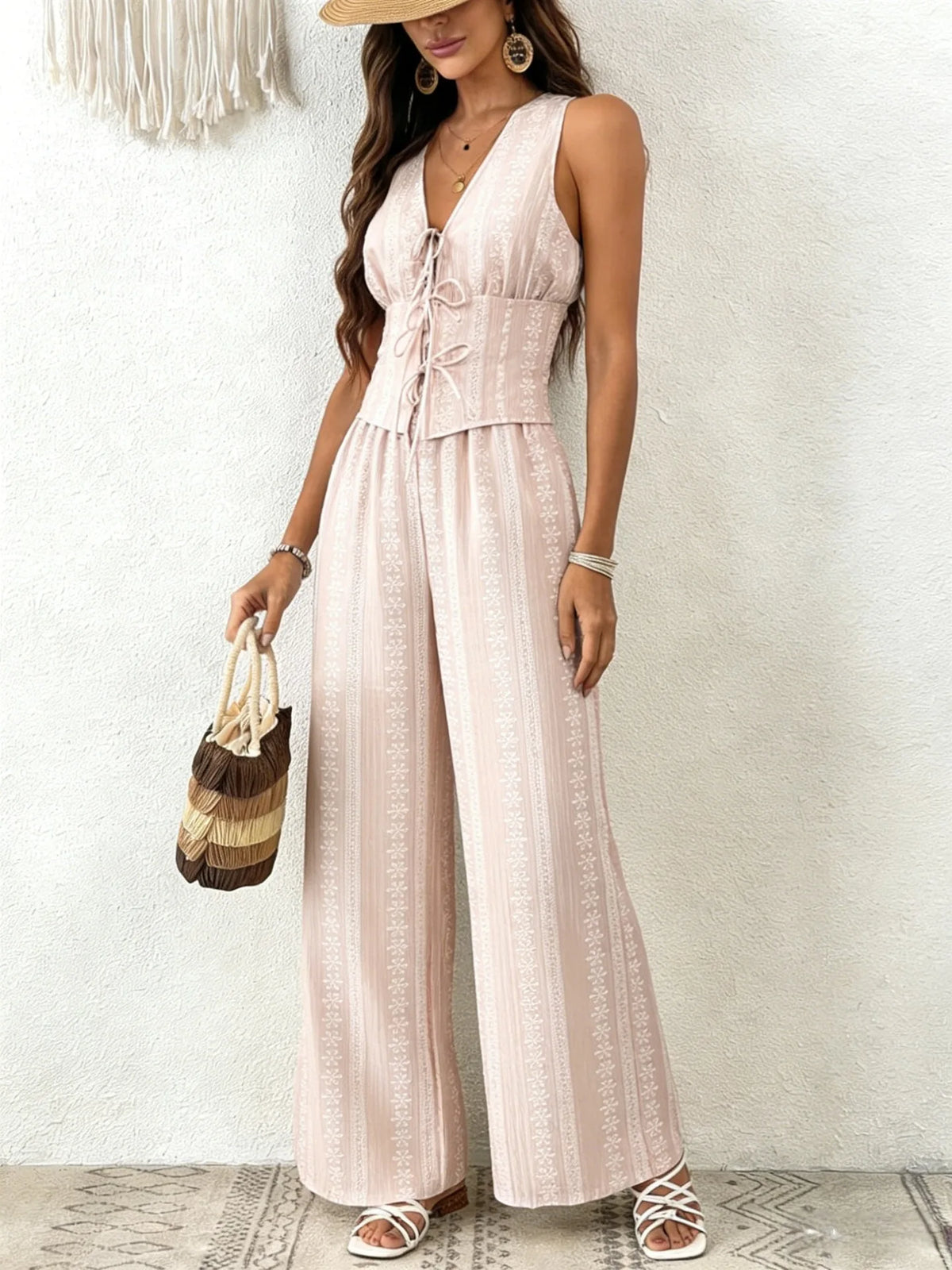 Women Multi Color Eyelet Lace 2 Piece Outfit Sleeveless V Neck Tie Front Crop Top Wide Leg Pants Summer Casual Set