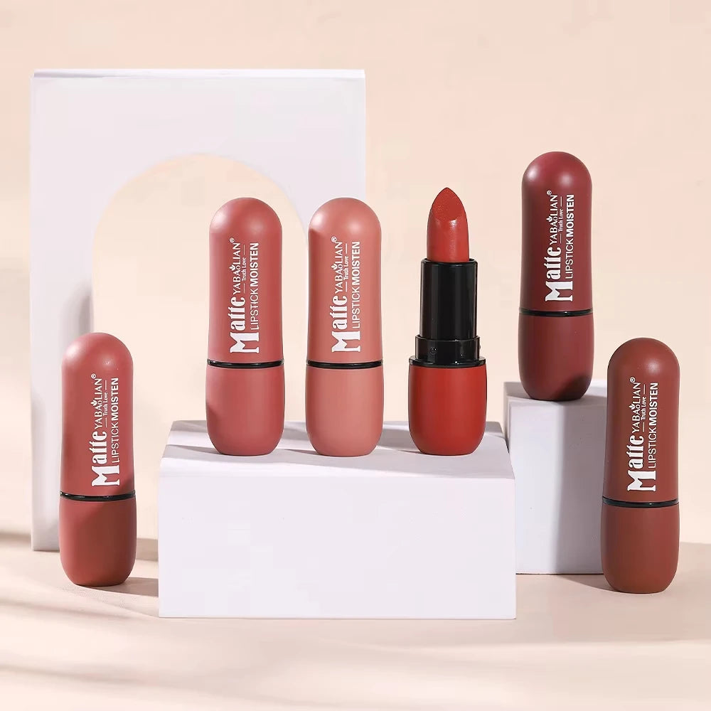 YABAOLIAN Matte Moist Lipstick Velvet Nude Lip Stick Long Lasting Waterproof High Pigment Non Dry 6 Shades Daily Makeup