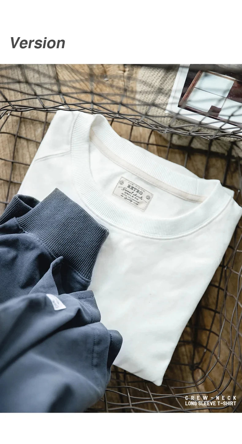 Maden 100% Cotton Loose Crew Neck Long Sleeve T-shirts Men's  230g Thin Breathable Tee Shirt Basic Solid Color Oversized Tops