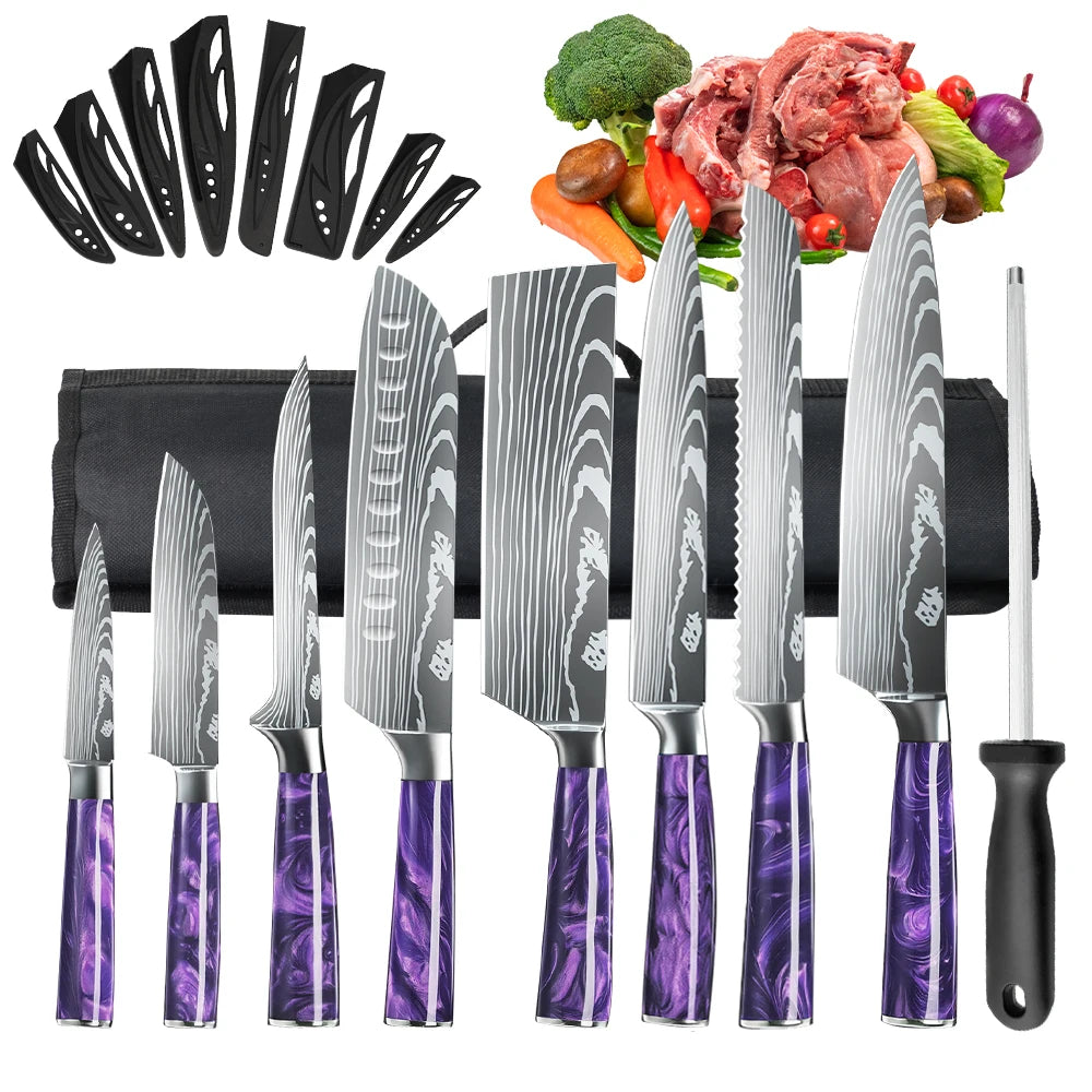 8PCS Utility Kitchen Knifes Resin Handle Carbon Steel Chef Knives Meat Cleaver Fruit Vegetable Slicing  Knife Cooking Tool