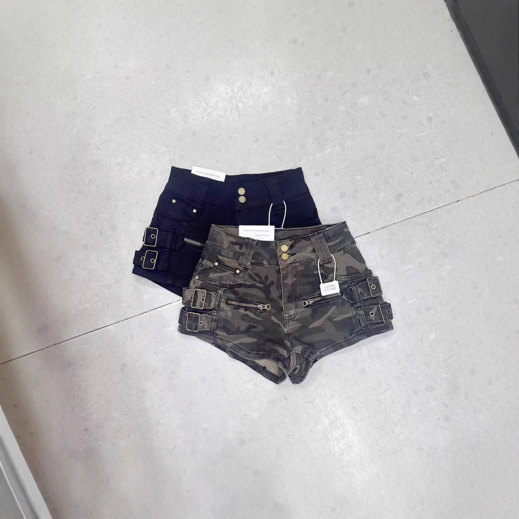 American High Street Camo Cargo Denim Shorts Women High Waist Hip Lifting Fashion Casual Hot Pants