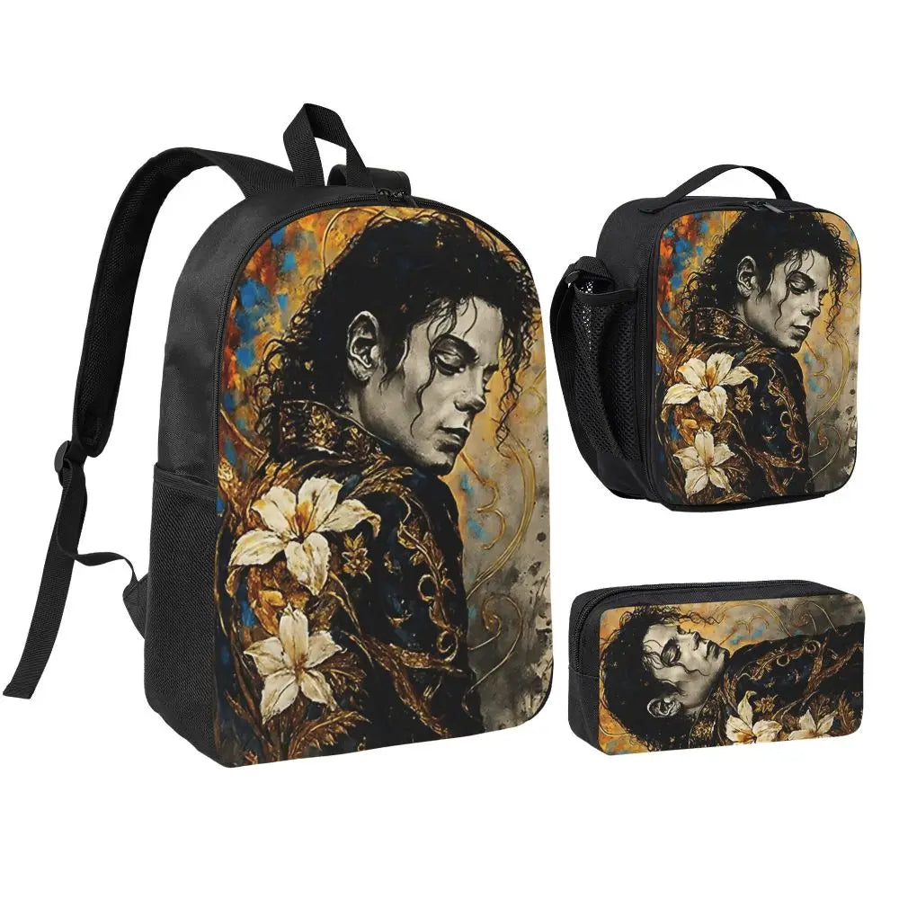 MJ Pop Legend Music 3pecs/set Backpack for Student Shoulder Bag Lunch bag Pencil Case