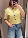 Casual Yellow Lapel Knitted Sweater Women Chic Short Sleeve Single Breasted Warm Pullover Lady Autumn Commute Street Outwear New