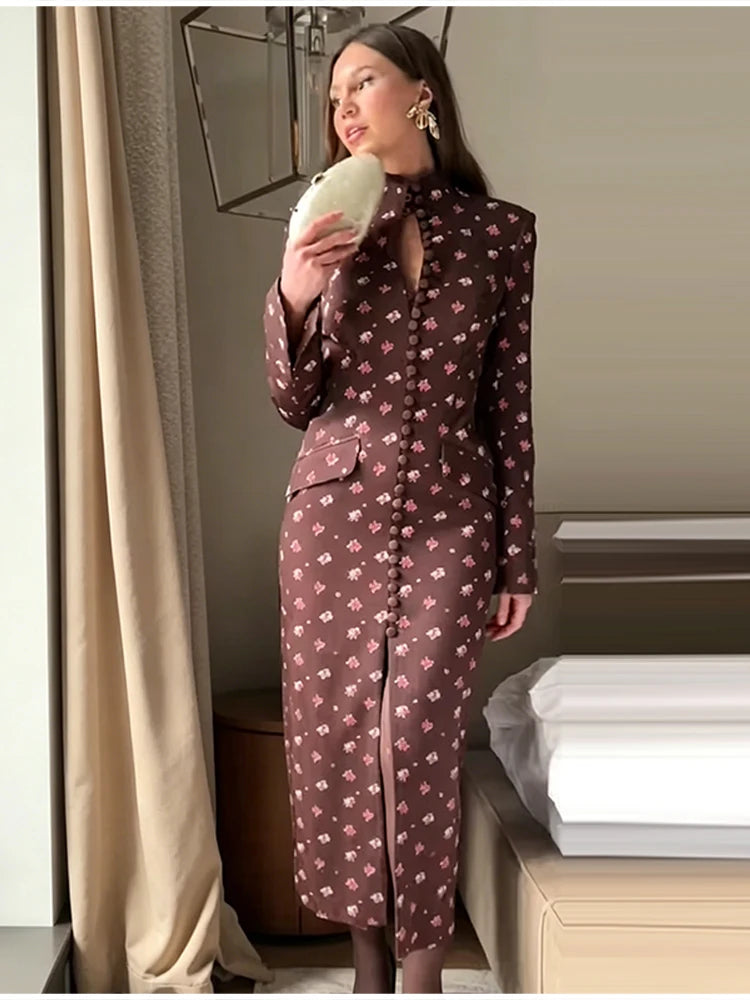 Trendy Floral Print High Neck Midi Dress For Women Chic Long Sleeve Button Front Sheath Dresses Office Party Commuting Clothes