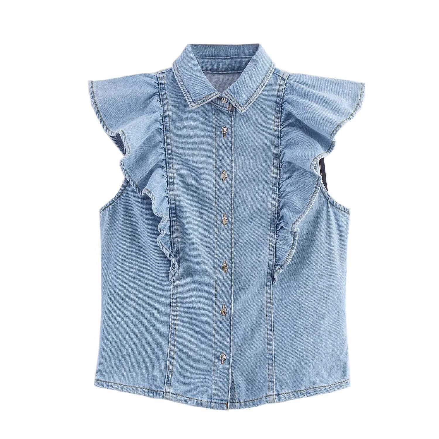 Women's European and American style layered denim vest top with belt high waisted straight leg jeans set