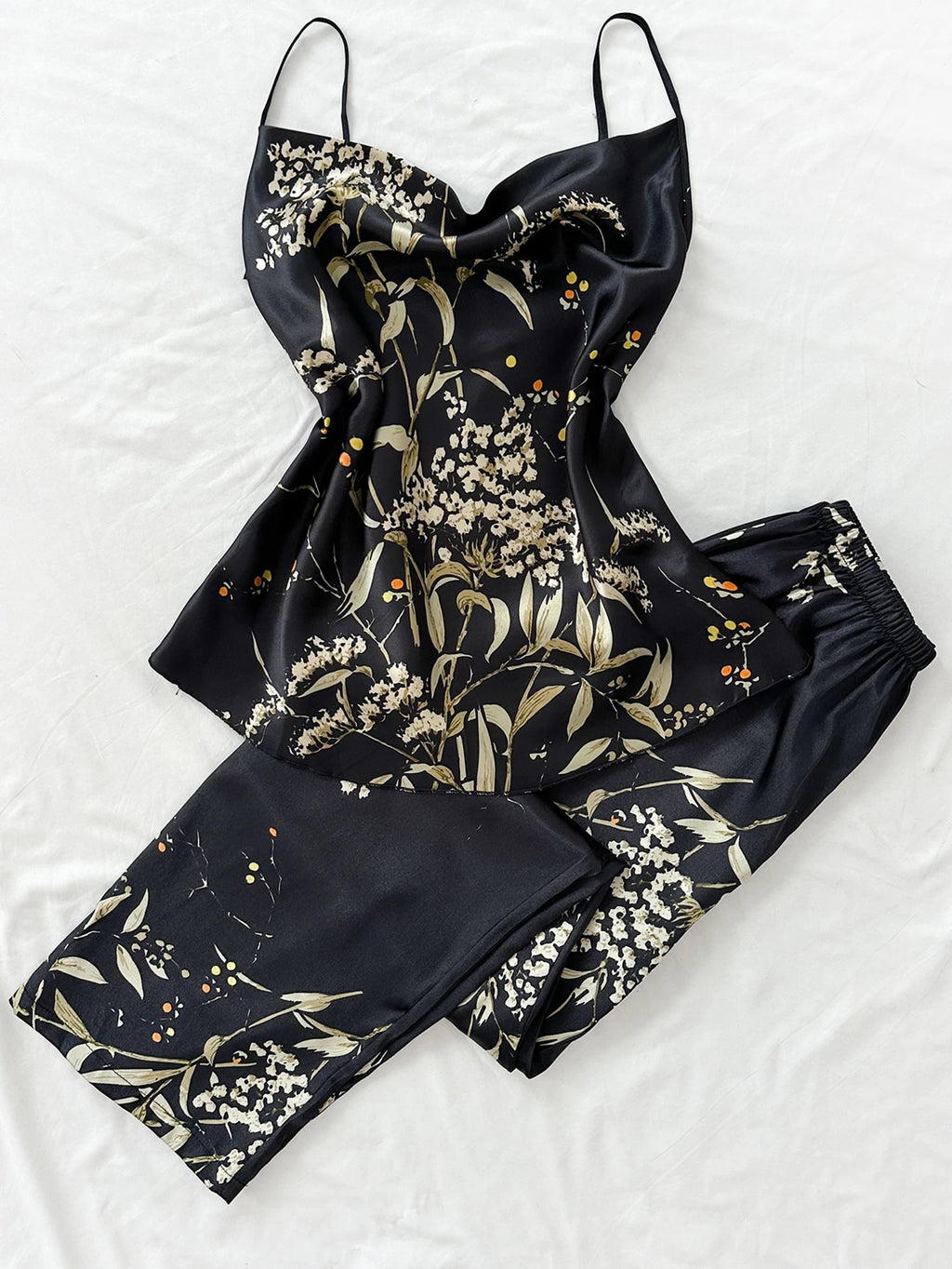 Autumn Women Satin Pajama Set Cherry Floral Print Cami Top and Shorts Sleepwear Versatile Outfit Elegant Comfortable  Loungewear