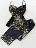 Autumn Women Satin Pajama Set Cherry Floral Print Cami Top and Shorts Sleepwear Versatile Outfit Elegant Comfortable  Loungewear