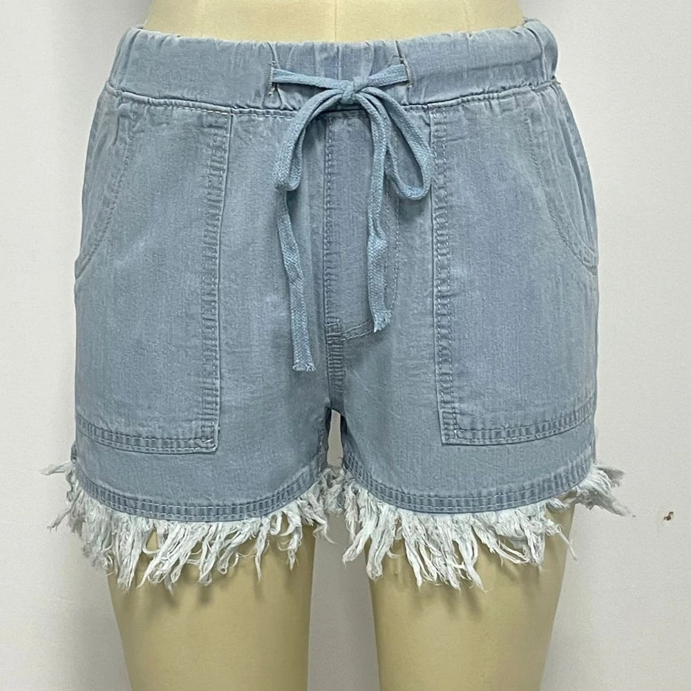 Women’s Denim Shorts Drawstring Elastic Waist Frayed Hem Short Pants Summer Casual Vintage Hottie Girls Loose Jeans with Pockets