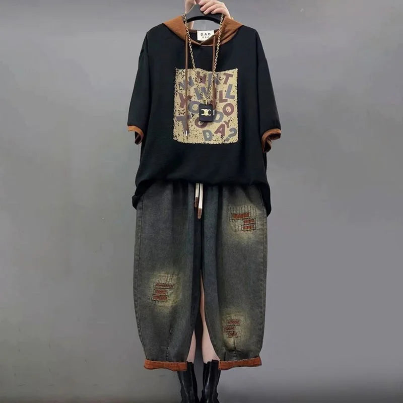 Jeans Set Women Denim Pants Two Piece Set 2025 New Loose Plus size Casual Suit Female Fashion Hooded Printed Jeans Sets