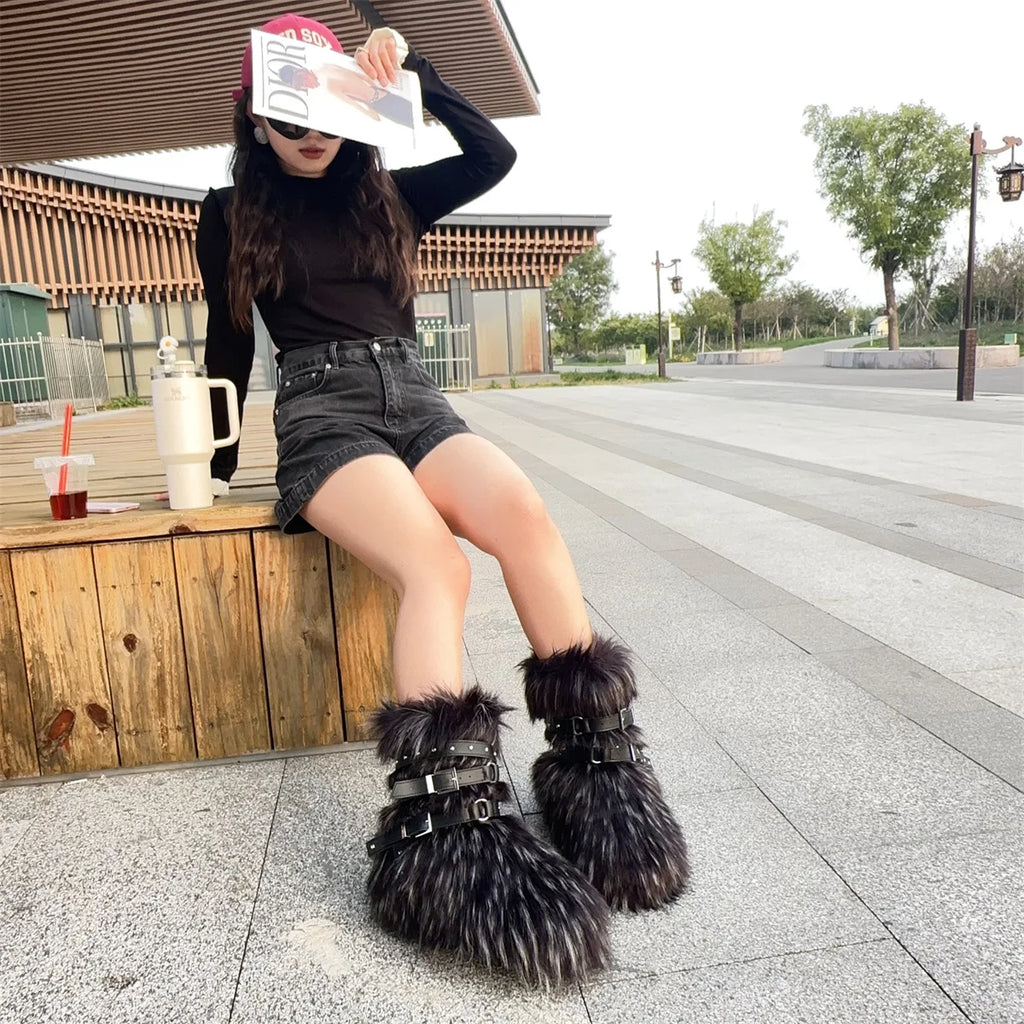 Winter Fur New Design Onepiece Raccoon FurFemale Snow Boots Fur shoes OutdoorMid Leg Boots y2k Cool Pink Girl
