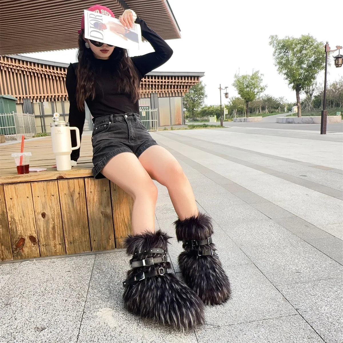 Winter Fur New Design Onepiece Raccoon FurFemale Snow Boots Fur shoes OutdoorMid Leg Boots y2k Cool Pink Girl